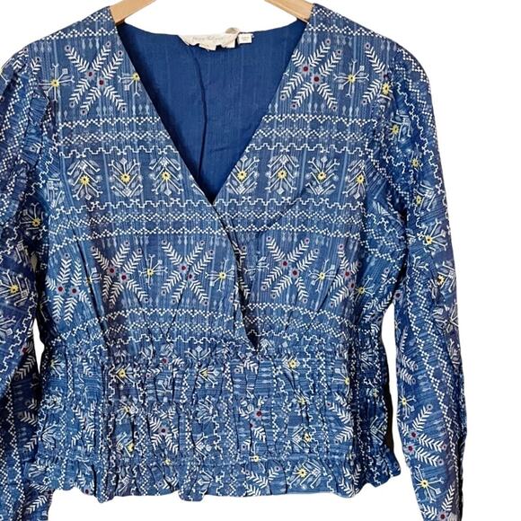 ANTHROPOLOGIE Embroidered Smocked Blouse Sleeves Top Blue Boho V-Neck Small NWT - Picture 7 of 7